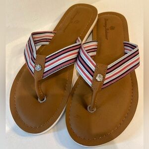 Tommy Bahama~New Canvas Blue/Red Stripe~Thong Flip Flop~Cushioned Footbed~Size 9